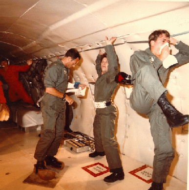 Image of research subjects in a KC-135 during a motion sickness study.