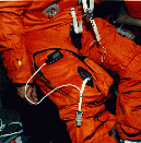 Image of the Bio-Instrumentation Port (BIP) exits from the thigh of the suit and is connected to the AFS-2
