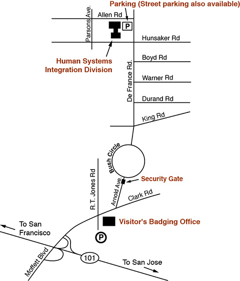 Map showing directions to NASA AMES Human Factors Division.